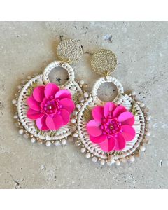 Raffia Beaded Flower Earrings - Natural and Pink