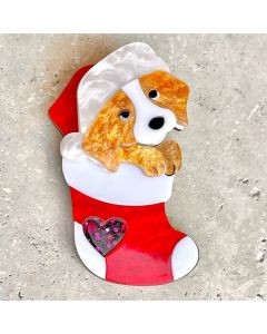 Xmas Puppy Present Brooch - Acrylic