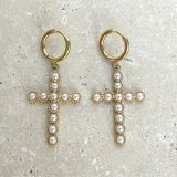 Hoop Earrings with Gold and Pearl Studded Cross