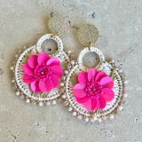 Raffia Beaded Flower Earrings - Natural and Pink