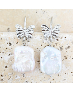 JEZ-E-SV  Silver and pearl earrings  with butterfly